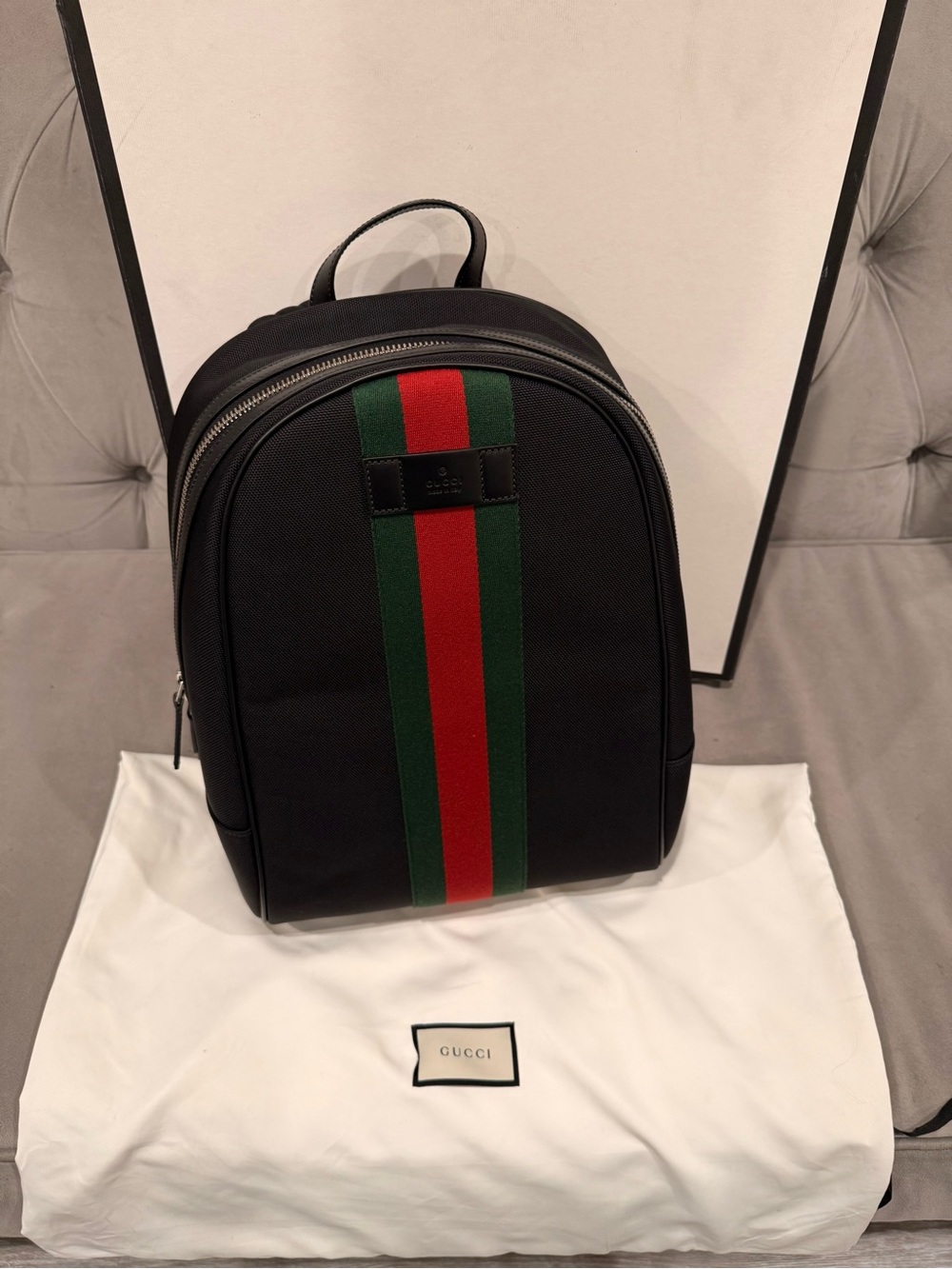 Gucci Black Backpack with Red and Green Center Stripe